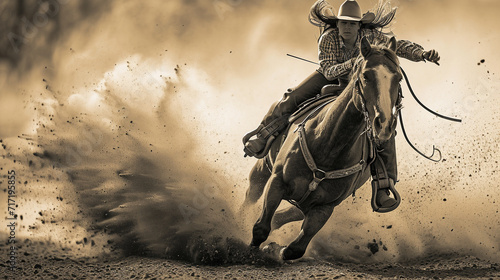 A skilled rodeo cowgirl executing a perfect barrel racing turn, her horse kicking up dust in a blur of motion, showcasing the speed and agility required in rodeo events. photo