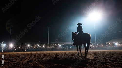 A captivating nighttime scene at a rodeo, featuring a cowboy participating in a mesmerizing display of trick roping under the arena lights, highlighting the skill and artistry of r