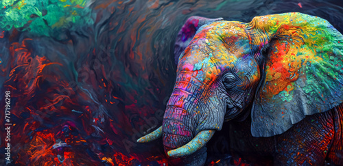 Majestic Mirage: A Color-Infused Elephant Against Fiery Abstract