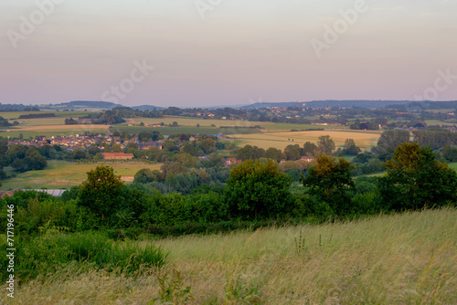 Summer landscape, The terrain hill countryside in Zuid-Limburg, Small houses on hillside in the evening during sunset, Gulpen-Wittem is a villages in Dutch province of Limburg, Gulperberg, Netherlands