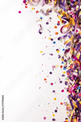 Colorful ribbons and confetti on a white background symbolizing celebration.