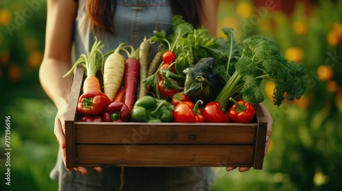 Female farmer holds a wooden box of fresh vegetables