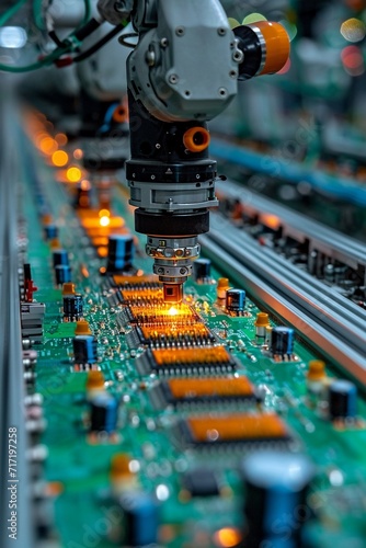Advanced High Precision Robot Arms on Fully Automated PCB Assembly Line Inside Modern Electronics Factory. Electronic Devices Production Industry. generative ai