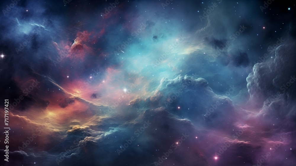 An awe-inspiring view of a colorful and ethereal space galaxy cloud nebula, amidst a twinkling night sky - Generative AI
