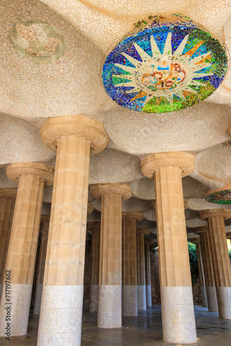 Columns of Hypostyle Room in Park Guell, Barcelona, Spain