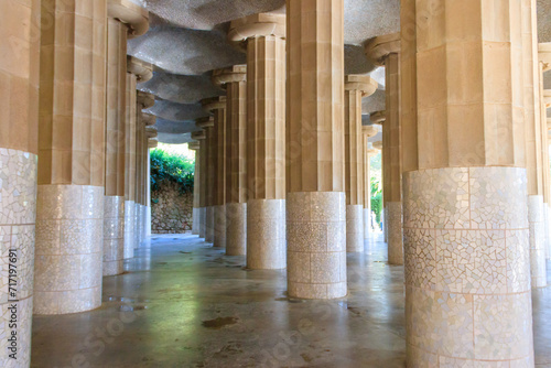 Columns of Hypostyle Room in Park Guell, Barcelona, Spain photo