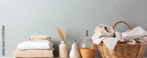 laundry clothes pile in a wicker basket at bathroom or utility counter next to washing machine for washing service and housework schedule as wide banner design with copy space