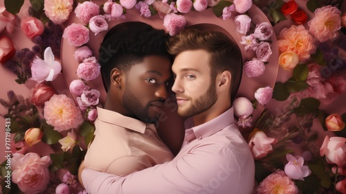 multiracial gay couple celebrating valentine's day, top view