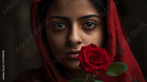 portrait of a woman with red rose