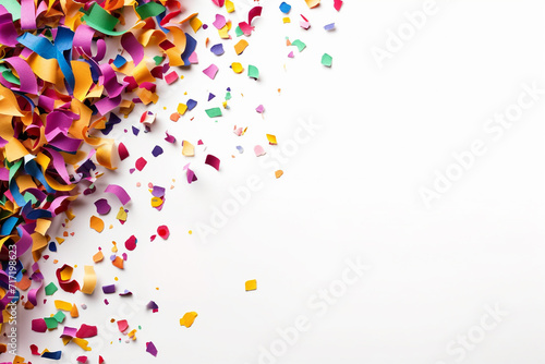 Colorful confetti scattered on a white background.
