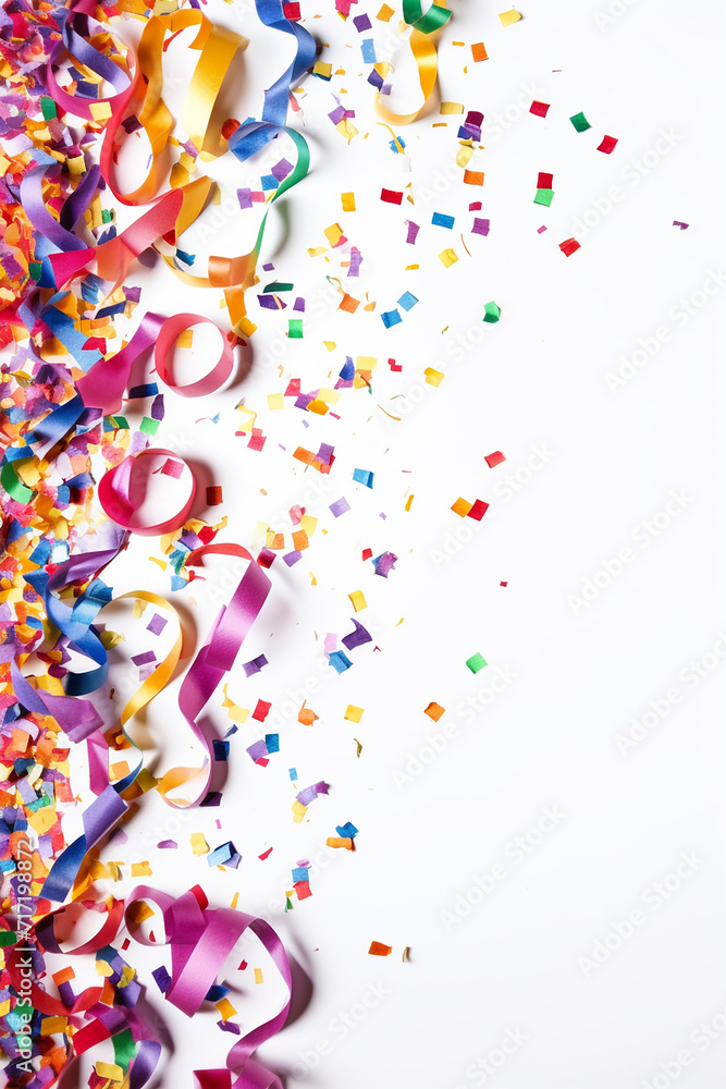 Colorful ribbons and confetti scattered over a white background.