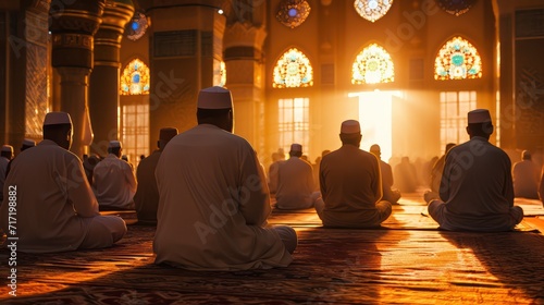 A group of Muslims are praying in congregation with takbir poses in the mosque