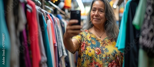 Hispanic woman in her middle age takes a selfie while shopping for clothes with her smartphone.