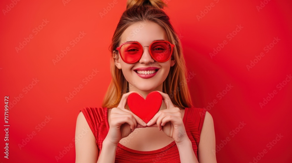 Portrait of attractive cheerful girl showing heart sign romance isolated over vibrant red color background - obrazy, fototapety, plakaty 