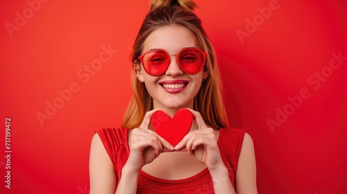 Portrait of attractive cheerful girl showing heart sign romance isolated over vibrant red color background