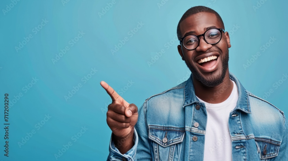 cheerful african man with glasses, pointing generative ai - obrazy, fototapety, plakaty 