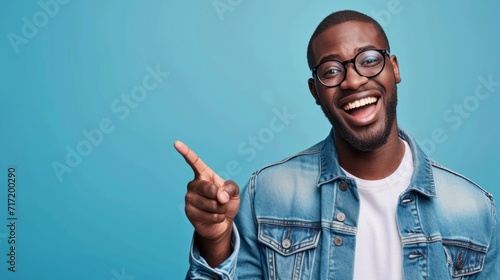 cheerful african man with glasses, pointing generative ai photo