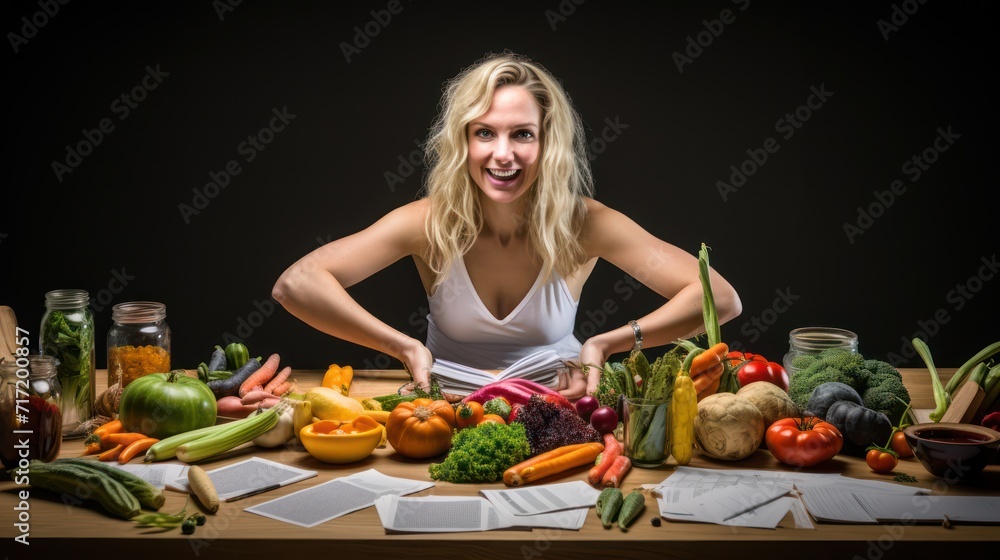 Woman prescribes herself a diet plan with vegetables spread out on the kitchen table