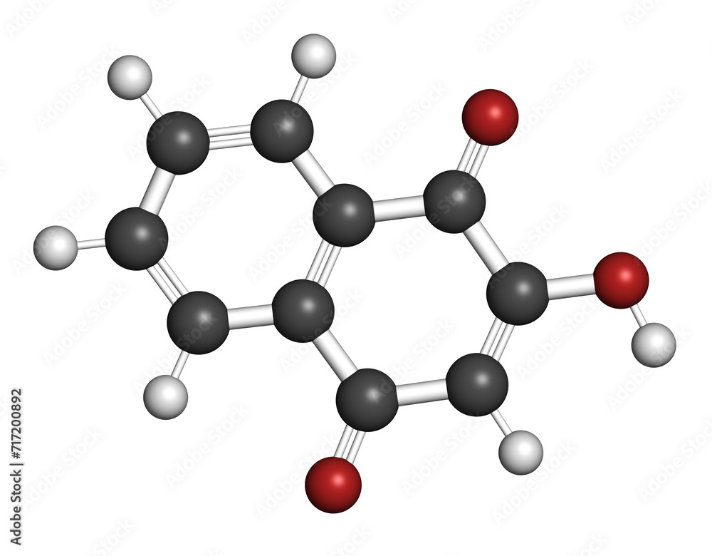 Lawsone (hennotannic acid) henna dye molecule. 3D rendering. Lawsone (hennotannic acid) henna dye molecule. 3D rendering.