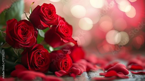 Bouquet of red roses on a wooden background and bokeh background. Valentine s Day  Mother s Day