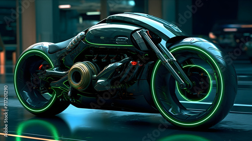 Realistic cyberpunk motorbike in dark mood. Big vehicle bike with cool futuristic design, vivid color scheme. Fictional model.