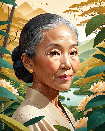 Dreamlike Serenity - Modern flat close up portrait design illustration of a petite tan-skin East Asian older woman surrounded by nature Gen AI photo