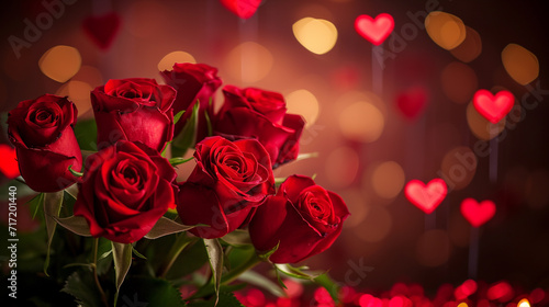 Bouquet of red roses on a wooden background and bokeh background. Valentine s Day  Mother s Day