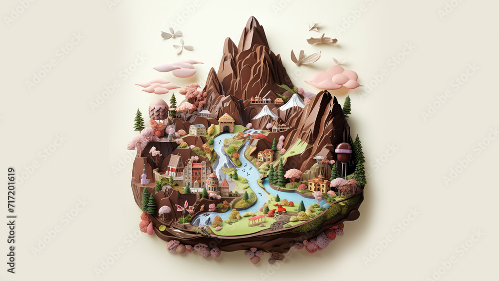 Create a whimsical design with illustrations of fantastical chocolate landscapes. Picture chocolate waterfalls, cocoa bean hills, and sweet wonders