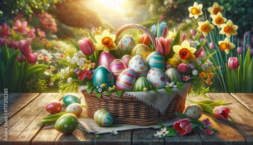 A charming Easter basket filled with decorated eggs and a mix of spring flowers like tulips and daffodils, set on a rustic wooden table in a garden.
