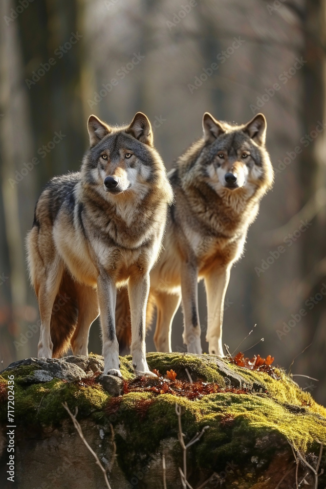 Naklejka premium two beautiful wolves on the background of the forest.