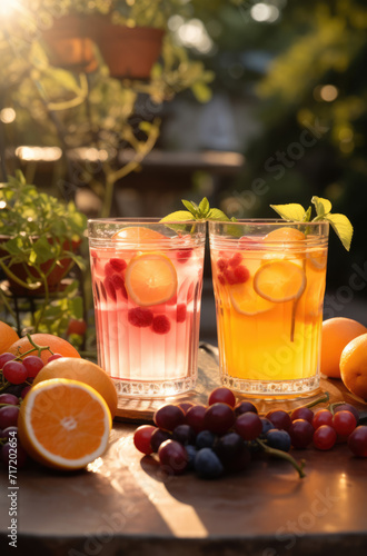 Glasses of summer fruit cocktails or lemonades served on a table.