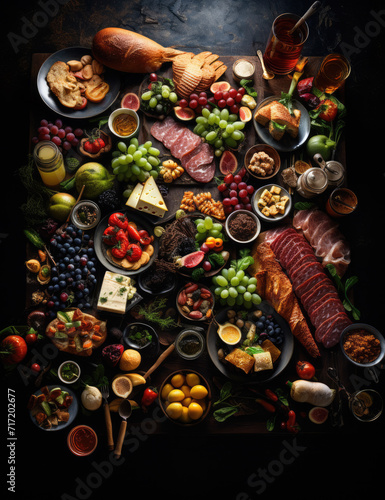 Top view background of different snacks and appetizers ready for big party or friendly dinner.
