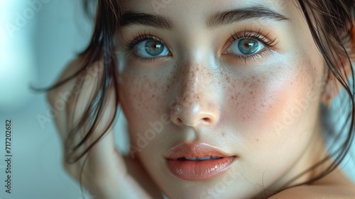  expression face worry asian young woman looking mirror hand touch facial at dark spot, generative ai