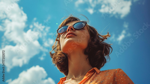 a woman in glasses on the background of the sky