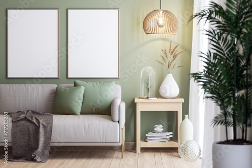 Empty picture frame for copy space on the pastel green wall In a vintage style living room 3d render, there are wooden floor decorated with light gray fabric sofa