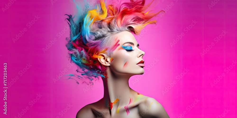 Stunning portrait of a beautiful woman with strong colors and space for copy. Pink Background.