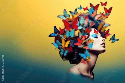 Stunning portrait of a beautiful woman with a headdress of butterflies of all colors. Space for copy. © Henrry L