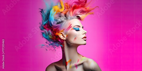 Stunning portrait of a beautiful woman with strong colors and space for copy. Pink Background. © Henrry L