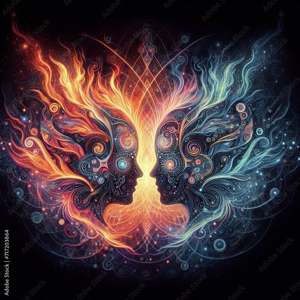 Twin flame couple. Soulmates. The concept of magical, esoteric, tantric, spiritual love. Connection between souls. Illustration for websites and much more. Created using generative ai tools. Twin flame couple. Soulmates. The concept of magical, esoteric, tantric, spiritual love. Connection between souls. Illustration for websites and much more. Created using generative ai tools.