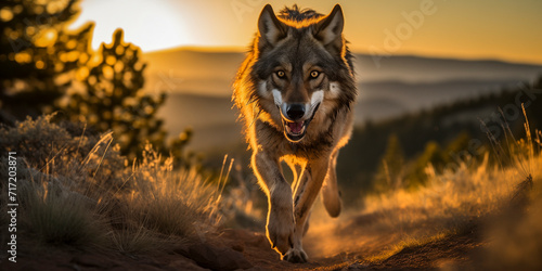 lone wolf (Canis lupus) traversing the mountains at sunset © juancajuarez