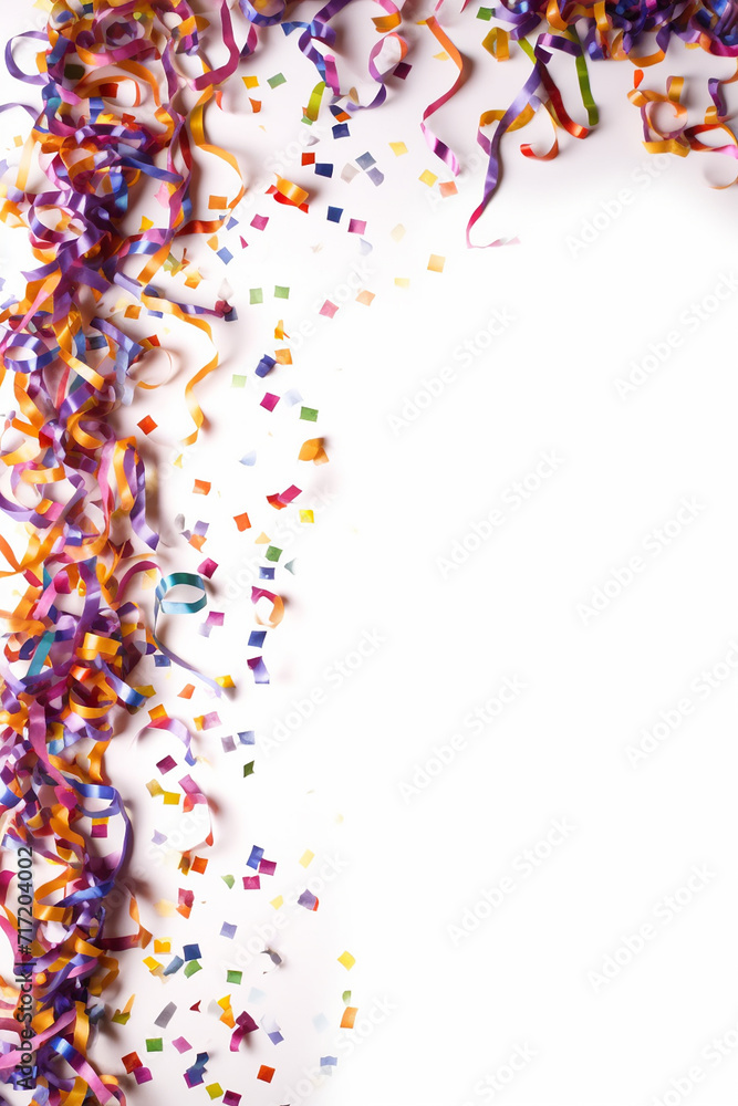 Fototapeta premium Colorful ribbons and confetti on a white background symbolizing celebration.