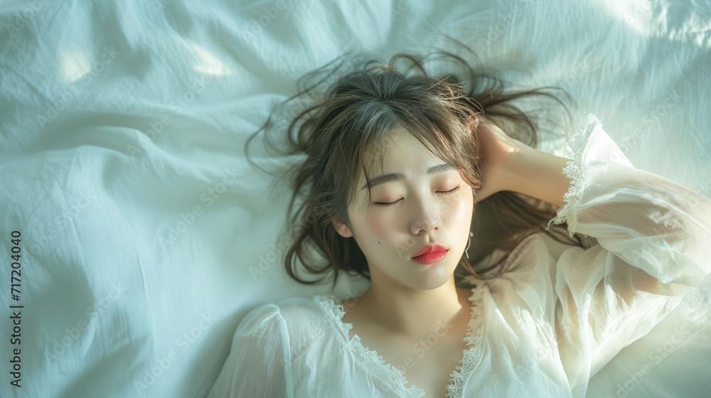 A korean sleeping woman, an extremely distressed expression, lying down A korean sleeping woman, an extremely distressed expression, lying down