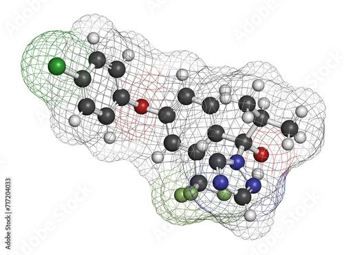 Ipfentrifluconazole fungicide molecule. 3D rendering.