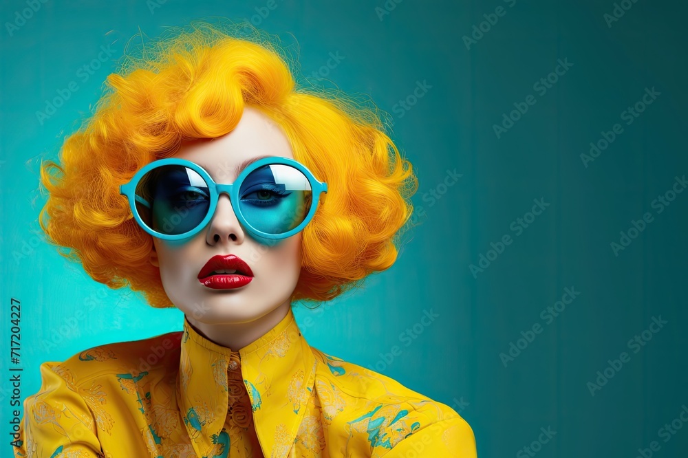 Beautiful woman with yellow hair, colorful suit and strong green background. Fashion Style. Beautiful woman with yellow hair, colorful suit and strong green background. Fashion Style.