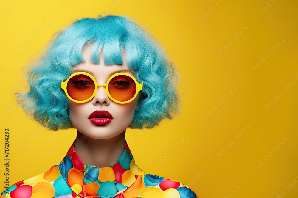 Beautiful woman with blue hair, colorful suit and strong yellow background. Fashion Style. Beautiful woman with blue hair, colorful suit and strong yellow background. Fashion Style.
