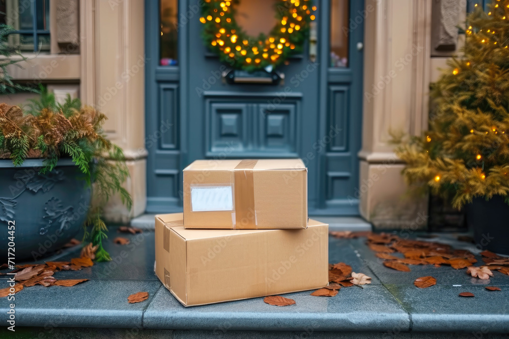 Cardboard boxes near door. Parcel delivery service Cardboard boxes near door. Parcel delivery service