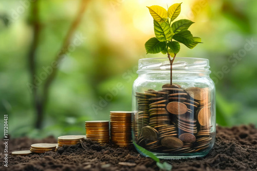 Wallpaper Mural Jar, coins and green plant on white background. Investment concept Torontodigital.ca