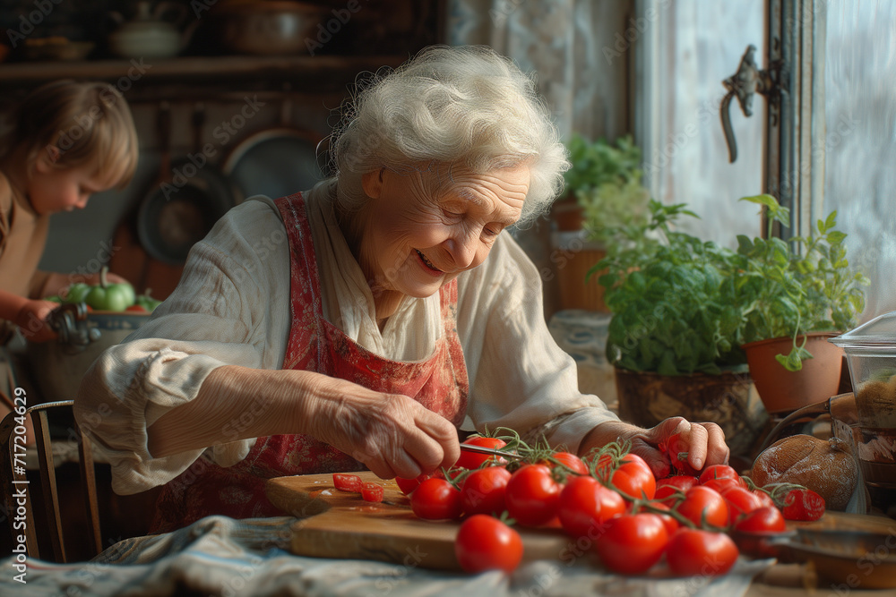 Elderly woman smiling, happy family, healthy old age, tomatoes, healthy food, cooking, grandmother. Elderly woman smiling, happy family, healthy old age, tomatoes, healthy food, cooking, grandmother.
