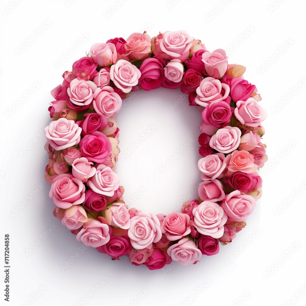 The letter O made of pink rose flowers isolated on white, 3d floral realistic typography on white. The letter O made of pink rose flowers isolated on white, 3d floral realistic typography on white.
