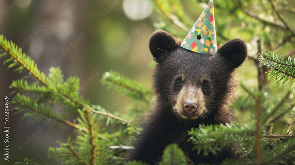 Bear cub with birthday hat generative ai Bear cub with birthday hat generative ai